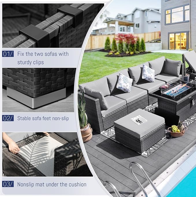 BULEXYARD Large High Back Grey Rattan Patio Furniture Set with Propane/Gas Fire Pit Table, Luxury Deep Wide Seat Outdoor Sectional Sofa, Modern Wicker Modular Conversation Couch (11Pcs-A, Light Grey)