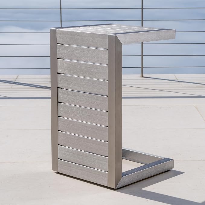 C-Shaped Outdoor Side Table 14.5" D x 15" W x 24" H Aluminum Frame Silver Patio Furniture