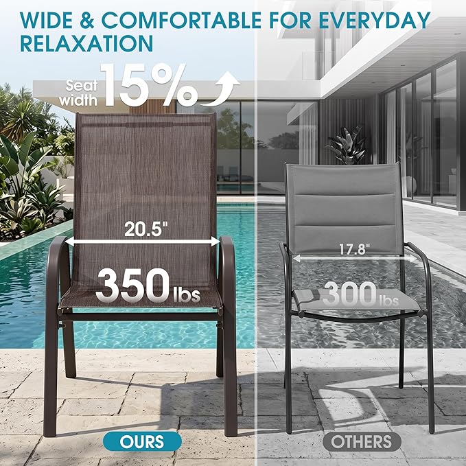 24.4" Wide Outdoor Stackable Chairs Set of 6, Stacking Patio Chairs with Textilene Fabric, Outside Furniture for Garden Backyard Balconie Poolside Deck, Brown