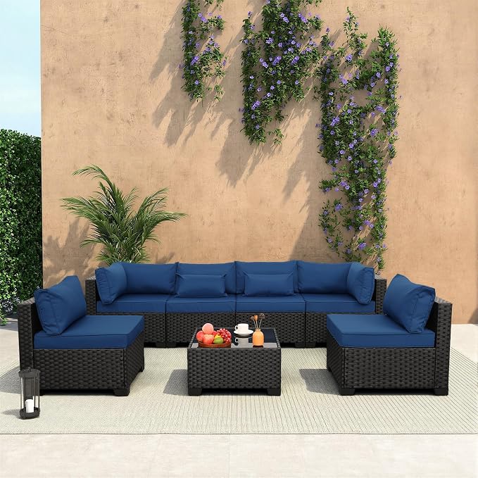 Lviden 7 Pieces Outdoor PE Wicker Furniture Set Patio Rattan Sectional Conversation Sofa Set with Navy Blue Cushions and Glass Top Table