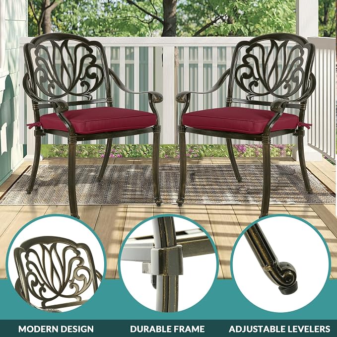 MEETWARM 9-Piece Outdoor Patio Dining Set for 8, All Weather Cast Aluminum Patio Funiture Table and Chairs Set- 94.5” Rectangular Table and 8 Cushioned Chairs for Garden, 2" Umbrella Hole, Chili Red