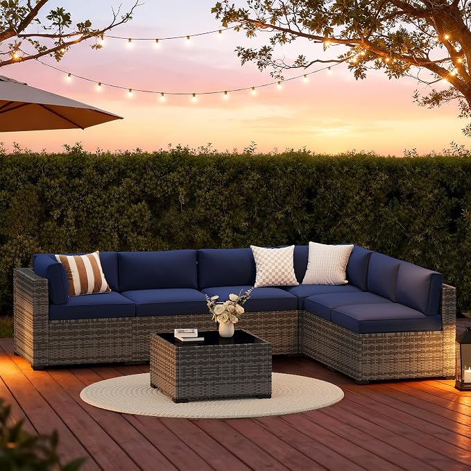 LazySunsets 7-Piece Patio Furniture Set, Wicker Rattan Outdoor Furniture with Thick Cushions, Patio Conversation Sets with Coffee Table, Outdoor Sectional Couch Sofa, Blue