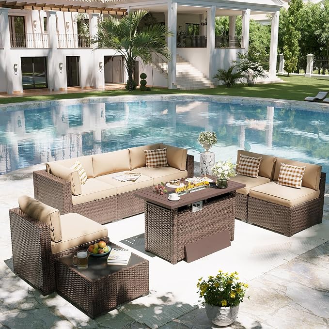 Aoxun Patio Furniture Set with Fire Pit Table, 8 Piece Outdoor Sectional Sofas, Wicker Outdoor Furniture with Thickened Cushion for Backyard, Garden (Brown Rattan Beige Cushions)