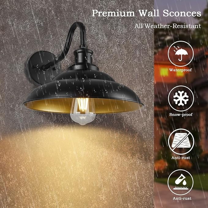 Outdoor Barn Light, 12 Inch Farmhouse Exterior Wall Mount Light, Outdoor Sconce Wall Lighting Fixture, Outside Industrial Black Lantern, Gold Interior, 3 Pack
