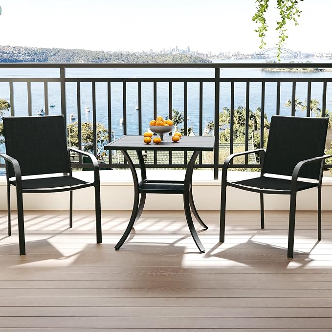 Anmutig 3-Piece Outdoor Dining Set, Powder Coated Steel Table with 2 Stackable Sling Chairs, 27.5 x 27.5 Inch Square Table, Black Fabric