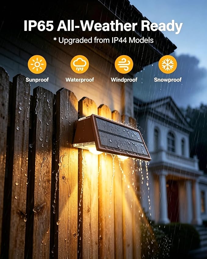 Solar Fence Lights Outdoor, 2 Pack Fence Solar Lights Waterproof | IP65 Fence Lights Solar Powered Up & Down LED Focus, 9 Color Modes, 12H Dusk to Dawn Glow for Patio/Backyard - Matte Brown