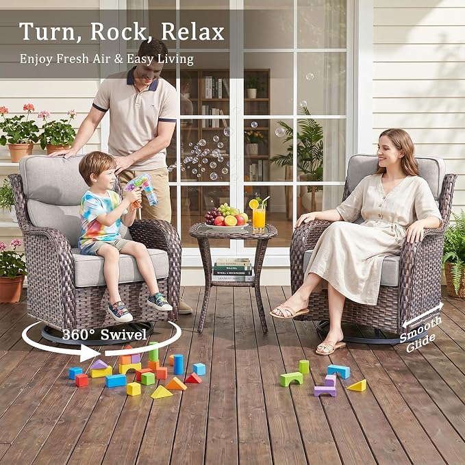 6 Piece Wicker Patio Furniture Set with Swivel Rocker Chairs Set of 4 Brown