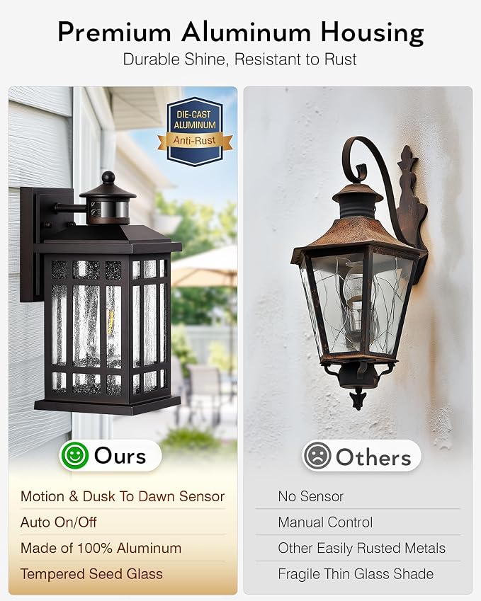 Porch Lights Outdoor with Motion Sensor, 2 Packs Oil Rubbed Bronze Outside Lantern Fixtures Wall Mount, Aluminium Anti-Rust Exterior Wall Light, Dusk to Dawn Coach Light for Garage Patio Entry