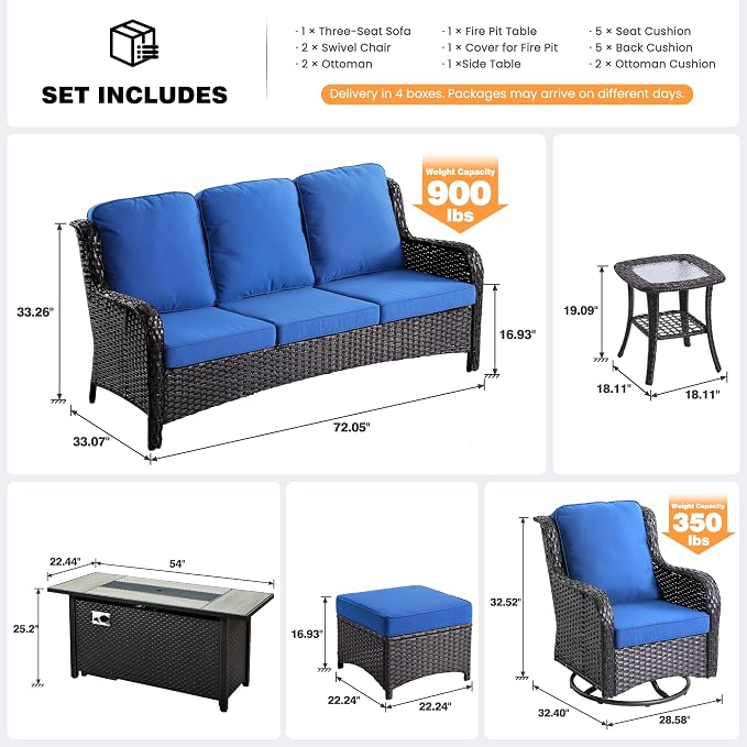 ovios 7-Piece Patio Furniture Set with Swivel Chairs Side Table, Outdoor Wicker Sofa with 54" Fire Pit Table, High Back Couch Modern Conversation Sets, Brown/Navy Blue