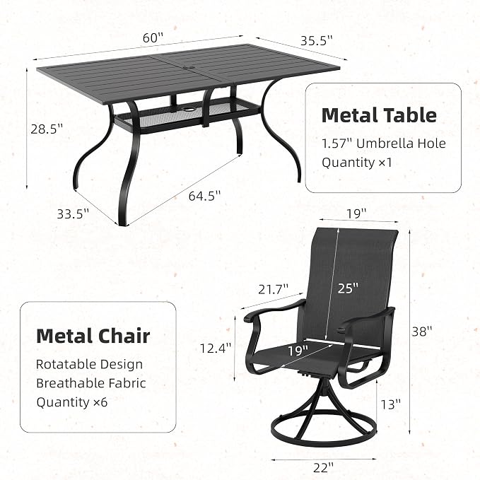 Crownland 7 Piece Furniture Patio Dining Set, 6 Swivel Metal Chairs and Rectangular Outdoor Dining Table with 1.57" Umbrella Hole, Outdoor Furniture Dining Set for Lawn, Backyard, Garden(Black)