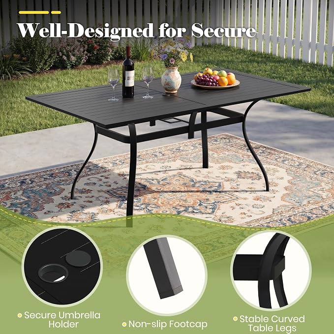 63" Outdoor Patio Dining Table for 6, Rectangular Metal Table with Umbrella Hole, Weather-Resistant Slatted Table, Black