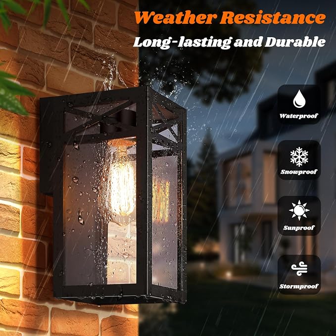 Outdoor Wall Light Fixtures, Black Exterior Waterproof Lanterns, 2-Pack | Porch Light with Glass Shade, Sconces Wall Mount Lighting with E26 Socket, Anti-Rust Wall Lamps for Patio Front Door Entryway