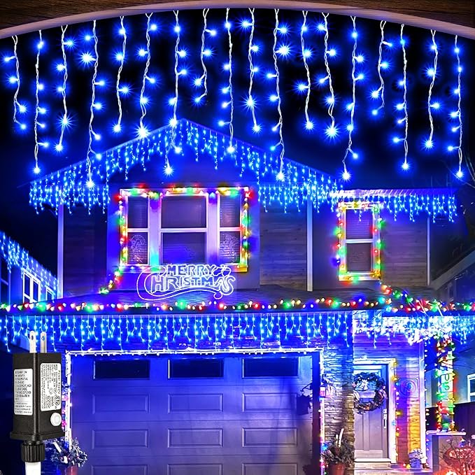 Blue Christmas Lights Outdoor Icicle Lights for Outside 33ft 400 LED Lights | Clear Wire Connectable String Lights with 8 Modes Timer Waterproof for House Window Party Tree Holiday Patio Yard Home Decor