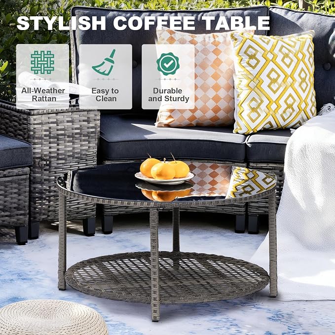 MEISSALIVVE 11-Piece Half-Moon Curved Outdoor Patio Furniture Set, Sectional Conversation Sofa with Wood Armrests, Coffee & Side Tables for Backyard Deck Garden, Grey