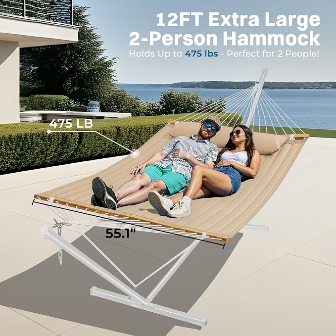 SUPERJARE Hammock with Stand, 2 Person Quilted Outdoor Hammock, Detachable Pillow & Bamboo Spreaders, Portable Hammock with Carrying Bag, Heavy Duty Stand, Perfect for Outside, Patio, Beige