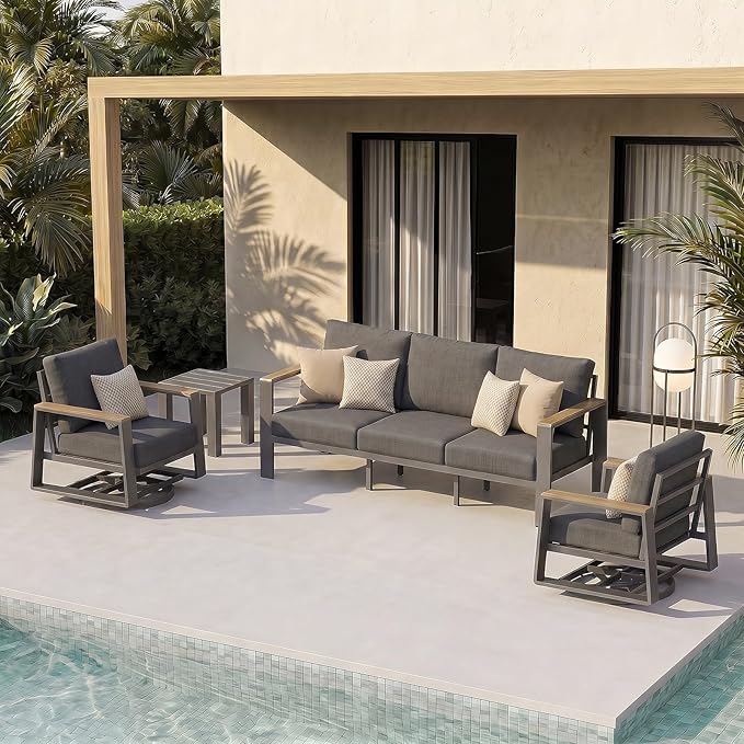 Aluminum Outdoor Patio Furniture Set, 4-Piece Patio Conversation Set with 5" Thick Cushions, Aluminum 360-Degree Large Outdoor Furntiure Set with Side Table and 3-Seat Sofa, Graphite