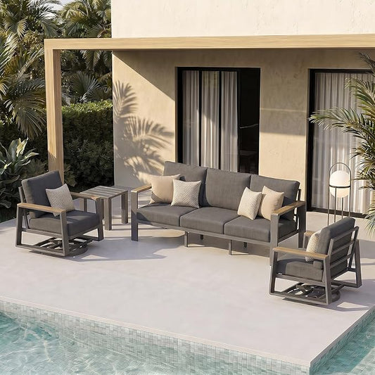 Aluminum Outdoor Patio Furniture Set, 4-Piece Patio Conversation Set with 5" Thick Cushions, Aluminum 360-Degree Large Outdoor Furntiure Set with Side Table and 3-Seat Sofa, Graphite