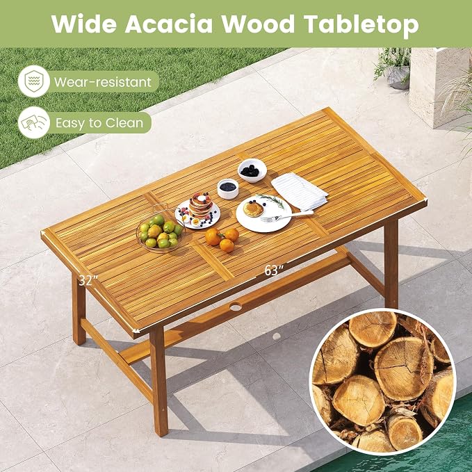 HAPPYGRILL Outdoor Acacia Wood Dining Table 63”, Patio Wooden Table for 6, with Slatted Tabletop, 1.97” Umbrella Hole & Cover, for Backyard, Deck, Porch