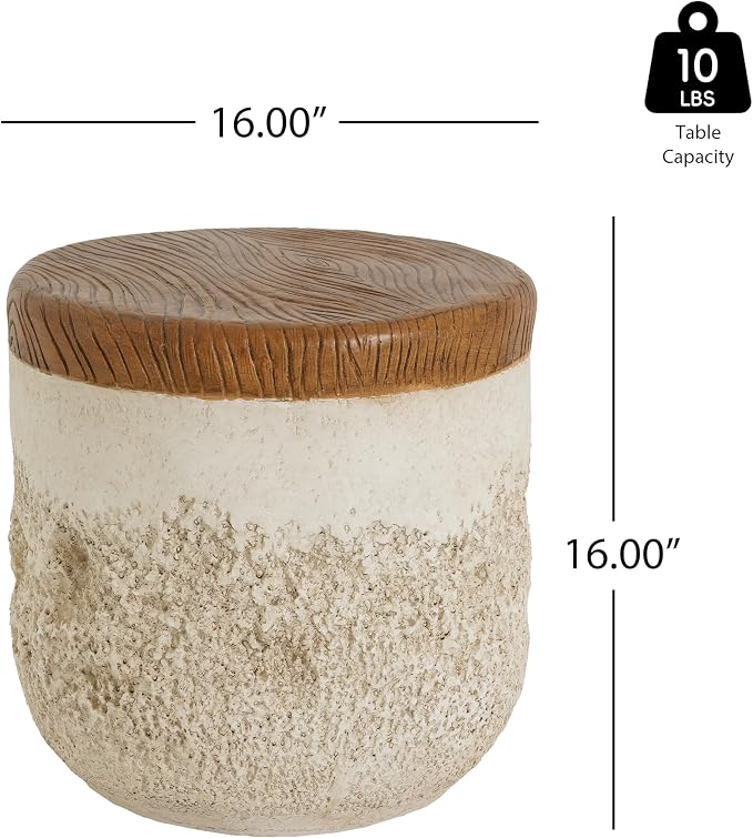 Merax Outdoor Patio MGO Side Table, 16" Height Round Side Accent Table with Dual-Texture Design, Beige Tone Base & Faux-Wood Grain Top, Patio End Table for Balcony Poolside, Fully Assembled