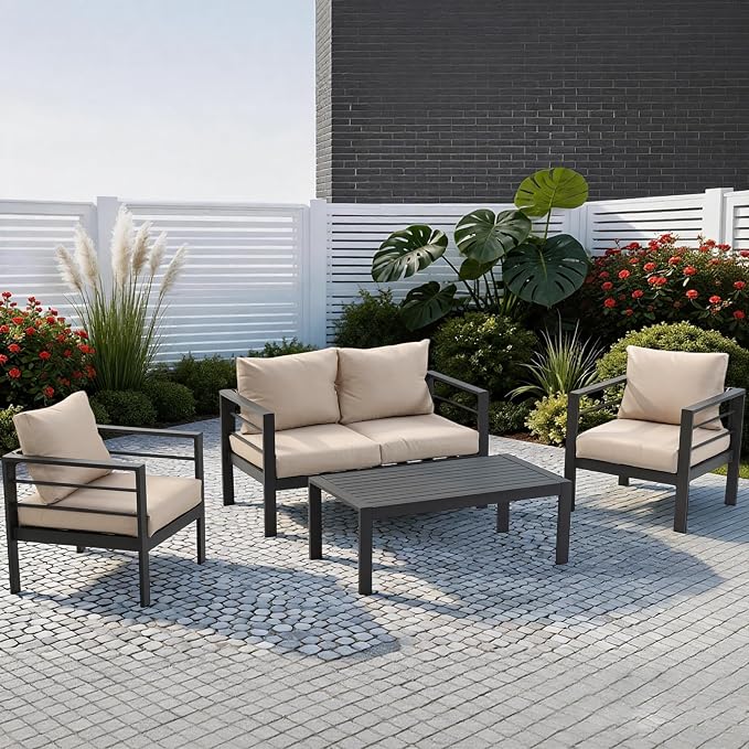4-Piece All-Weather Metal Patio Furniture Set, Sectional Conversation Sofa w/Coffee Table, Heavy Duty Steel Frame & Washable Cushions for Backyard Garden (Khaki, Furniture Set（Straight）)