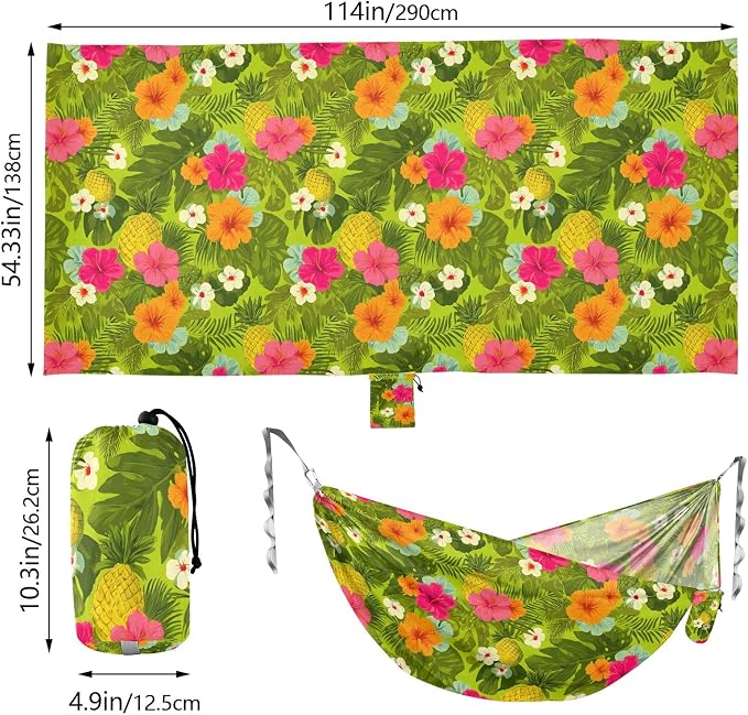 Camping Hammock Outdoor Hammocks for Outside Hibiscus Pineapple Green Beach Trees Portable Lightweight with Pockets Tree Straps Indoor