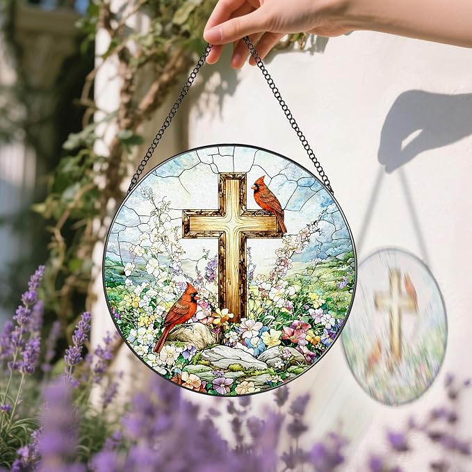 Stained Glass Window Hanging, 8" Cardinal Suncatcher, Christian Cross Window Hanging Decor, Religious Home Decor, Religious Gift, Christian Gift, Memorial Gifts, Sympathy Gifts for Loss of Loved One