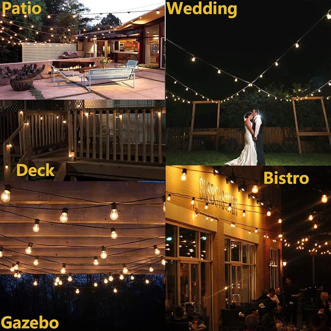 Outdoor String Light 48FT LED Heavy-Duty Patio Lights String Linkable with Shatterproof 15 LED Bulbs for Outside Cafe Porch Market String Lights