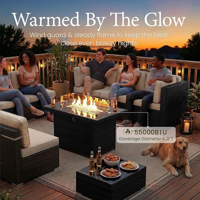 LayinSun 15 Piece Patio Furniture Set with Fire Pit Table, Outdoor Conversation Sets Wicker Rattan Sectional Sofa with Coffee Table
