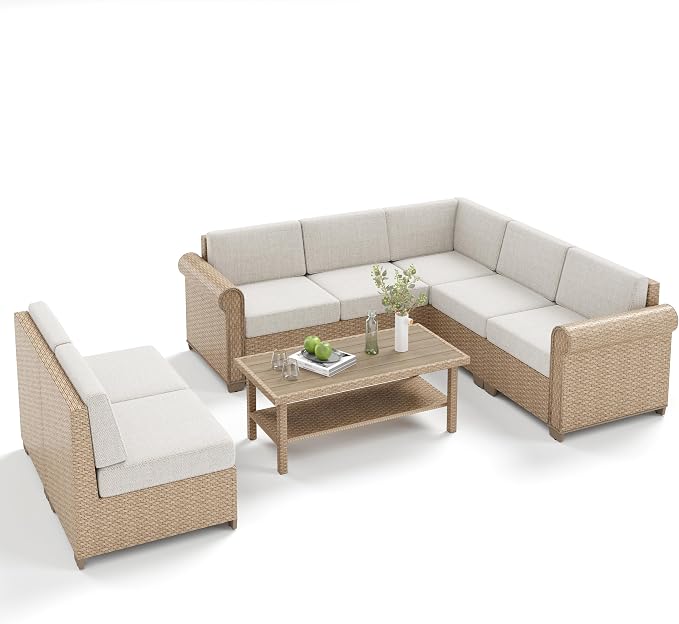 MIXPATIO Patio Furniture Set, 8 Piece Outdoor Rattan Wicker Sectional Conversation Set with 5.5" Thick Waterproof Cushions and Coffee Table
