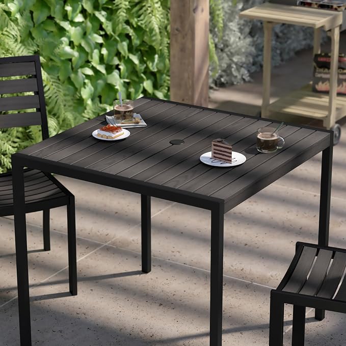 Flash Furniture Outdoor Steel Dining Table - Gray Wash Faux Teak Poly Slatted Top - Commercial Grade Dining Table with Black Frame - 35" Square - Umbrella Holder Hole