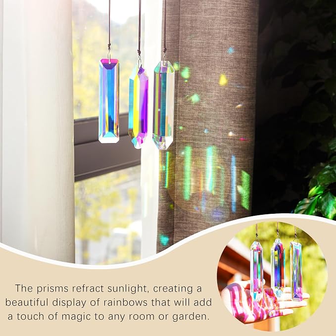 YU FENG 3 Pack Crystal Suncatcher Prism, Window Hanging Rainbow Maker | 5'' Rectangle AB Colored Crystal Stick Prisms, Garden Hanging Ornament, Sun Catcher Decor, Christmas Tree Decoration