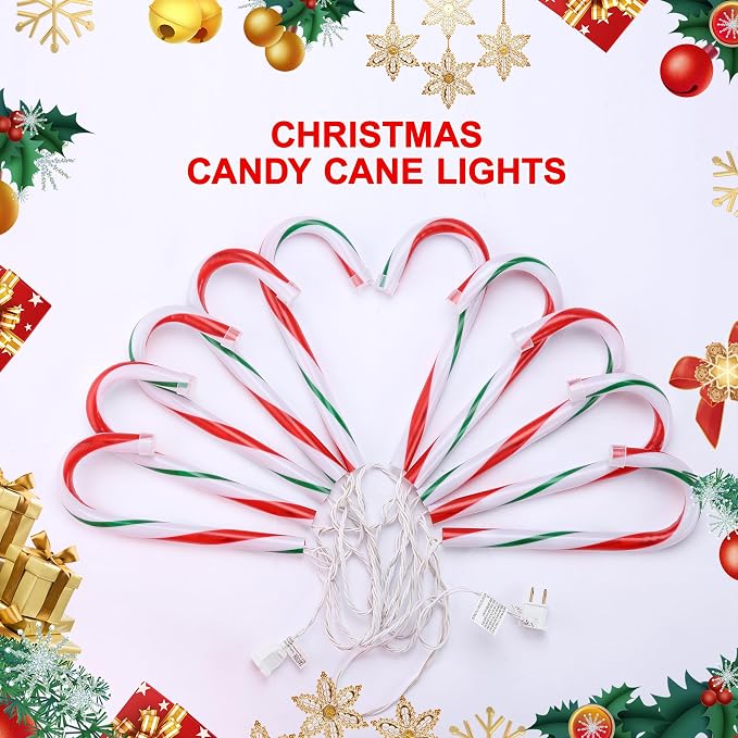 VCOKEN 10'' Christmas Candy Cane Lights Outdoor Pathway, Set of 10 Christmas Candy Cane Markers Waterproof, Light Up Xmas Decoration with Stakes for Holiday Party Yard Art Indoor Outdoor