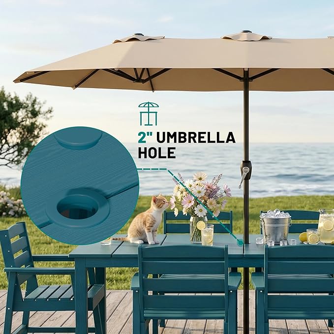 PLUUV 5-Piece Patio Dining Set, Hdpe Outdoor Patio Furniture Set with Aluminum Table Legs & Umbrella Hole, All-Weather Resistant Patio Table Set for Garden, Backyard, 4 Chairs & 1 Table, Navy Blue