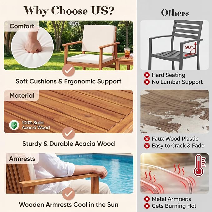 Devoko Patio Furniture Set 8 Pieces Acacia Wood Outdoor Furniture, Patio Set with Table & Cushions for Garden, Deck, Backyard, Natural