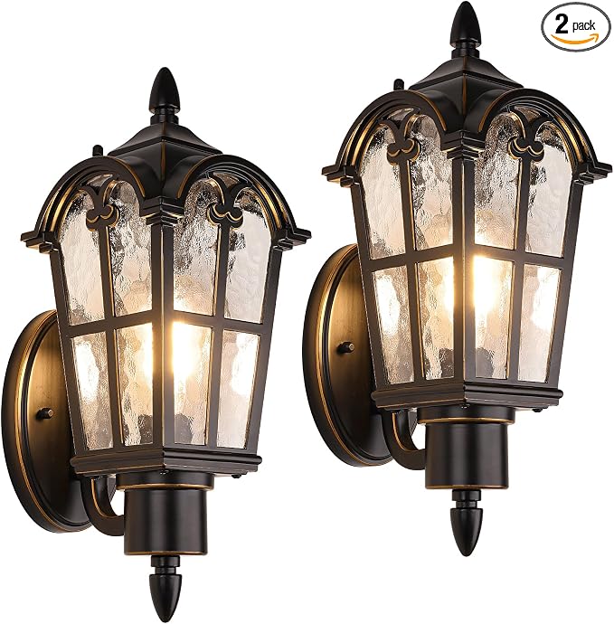 16’’ Large Outdoor Wall Light Fixtures, Exterior Wall Lantern Sconces | Waterproof, Rust-resistant, Matte Black with Gold Trim, Water Ripple Glass, Quick & Easy Installation, Retro & Traditional