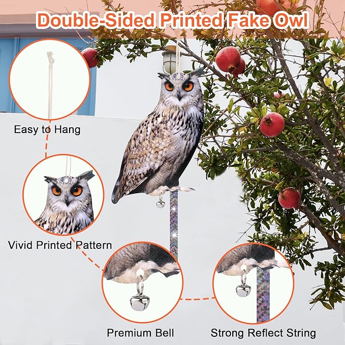 Hanging Flat Fake Owl to Keep Pigeon Away from Balcony 2PCS Garden Owls with Reflective Tape Plastic Owl to Scare Woodpecker Squirrel for Tree Outdoor House Patio Porch Front Porch Decor