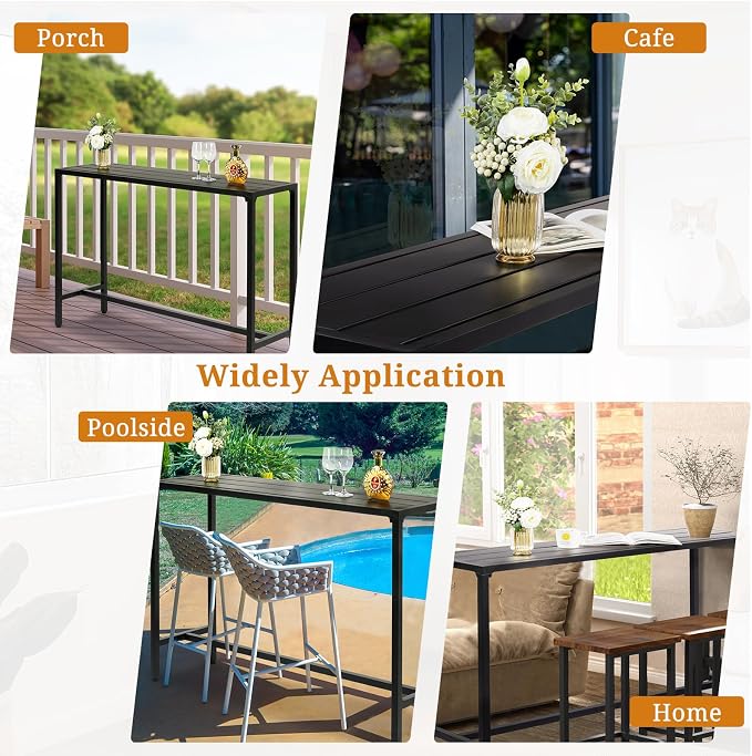 55in Patio Bar Tables,Outdoor Rectangle Narrow Counter Height Table,Metal Bar Height Tables,Indoor Bistro Cocktail Table,with Adjustable Feet,for Patio Garden Deck Yard Poolside Balcony (Black)