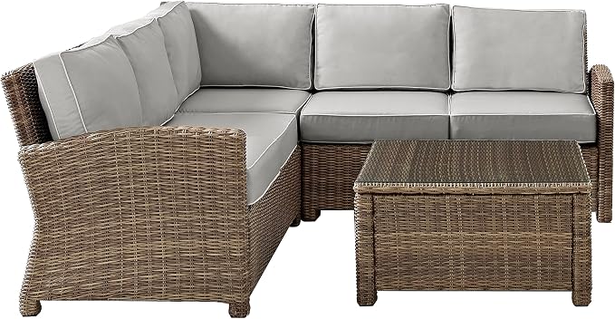 Crosley Furniture Bradenton 4-Piece Outdoor Sectional Sofa Wicker Conversation Patio Furniture Set for Deck, Brown with Gray Cushions
