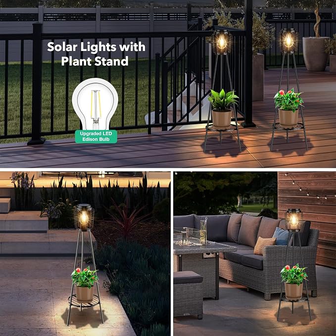 VISFLAIR Solar Lights with Plant Stand, Outdoor Floor Lamp, Waterproof Solar LED Edison Bulb Light Flower Shelf for Patio Porch Deck Yard Garden Decor-1 Pack