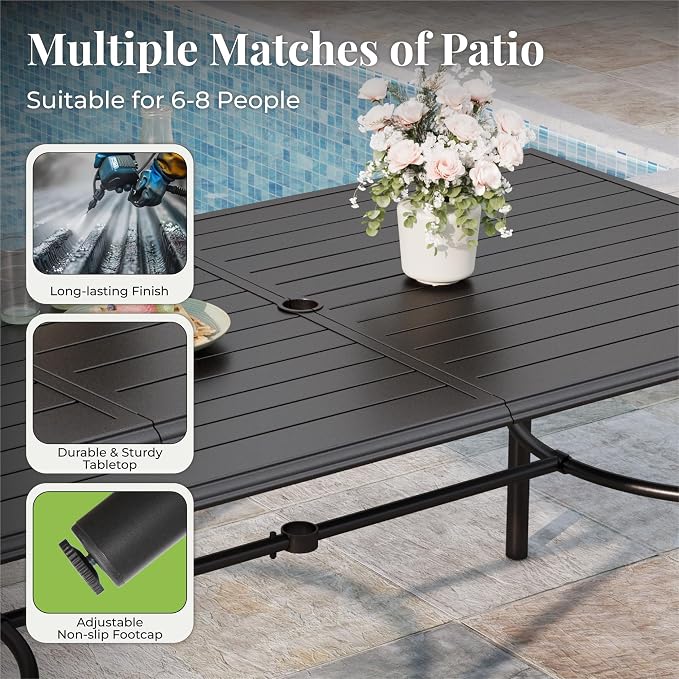 MIXPATIO 7-Piece Outdoor Dining Set 6 Blue Textilene Chairs and Steel Rectangle Table with 1.97” Umbrella Hole for Deck Garden Backyard Lawn Poolside