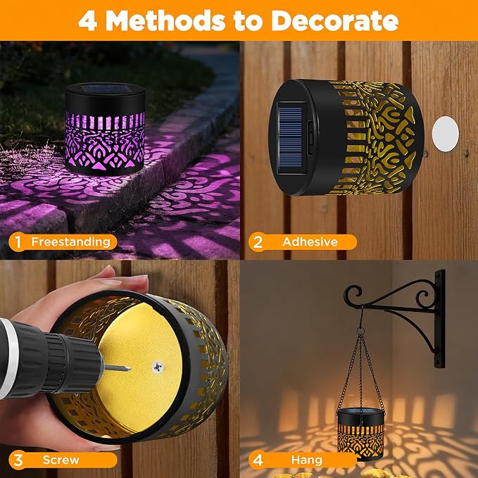 4 Pack Solar Fence Lights Outdoor, Metal Solar Powered Wall Deck Step Light | Mandala Theme, Hanging LED Waterproof Decorative Lighting for Garden Patio Backyard Post Decor, 7 Colors