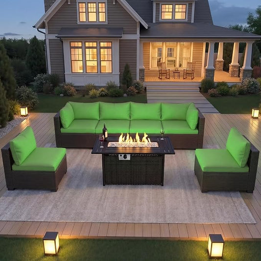 CHABATREE 8-Piece Wicker Patio Conversation Set with 44" Propane Fire Pit Table, Cozy Outdoor Sectional Sofa for Backyard Gatherings, Poolside Lounging & Garden Parties
