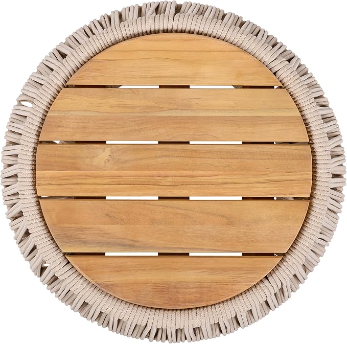 Merax Bohemian Round Outdoor Side Table with Acacia Wood Top and Beige Handwoven Rope Base, Boho Patio Coffee Table for Garden, Pool, Deck, Balcony, Yard