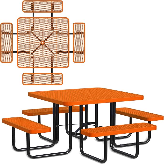 Leisure Craft Metal Picnic Table with Bench - 46" Square Outdoor Dining Table for 8 with Umbrella Hole, Weatherproof Heavy Duty Thermoplastic Coating, Commercial Grade Furniture Made in USA - Orange