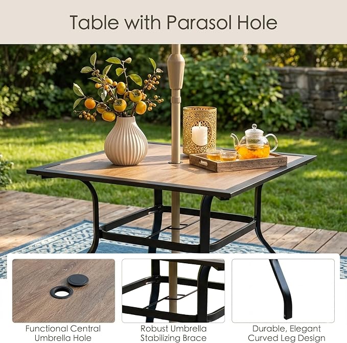 Kozyard 37" Square Outdoor Dining Table for 4, Patio Table with Umbrella Hole, Heavy Duty Steel Frame & Wood-Look Top, Weather Resistant Patio Table for Backyard, Balcony, Garden Black