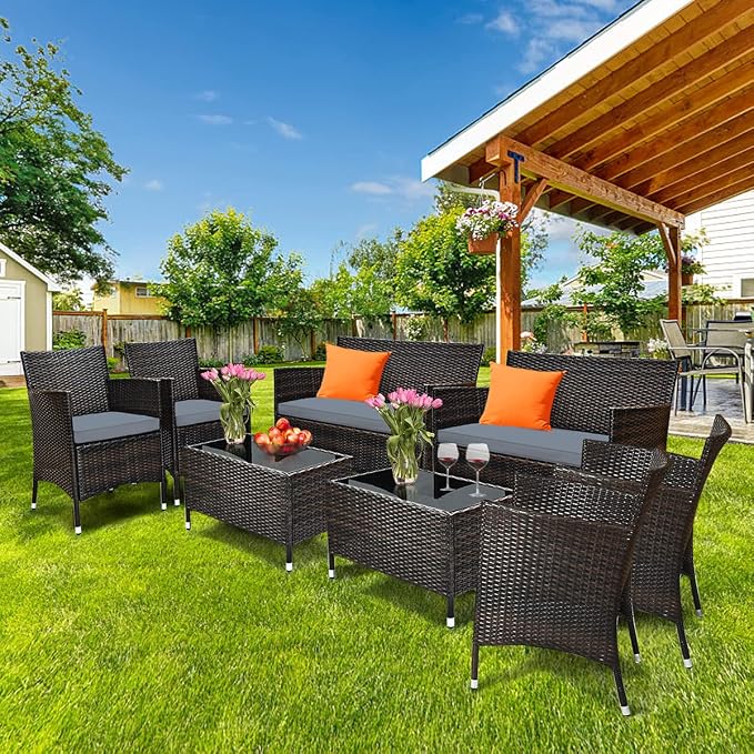 8 Pieces Patio Sofa Set, Patio Rattan Furniture Set with Ergonomic Curved Backrest, Water-Resistant Cushion & Tempered Glass Table for Balcony, Porch (Gray)
