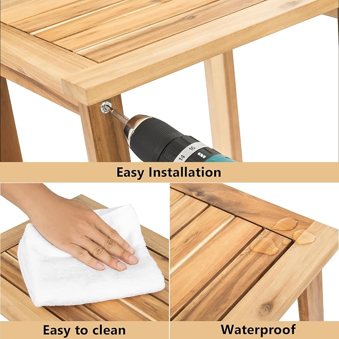 VICTORY RELAX Solid Acacia Wood Side Table with 2-Tier Storage, Weather-Resistant Outdoor Indoor End Table, Light Natural Rustic Color Night Stand