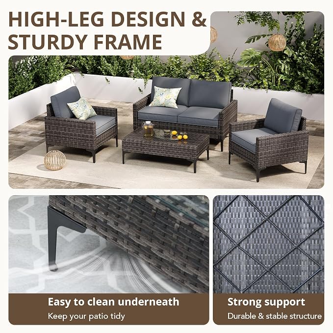 4-Piece Outdoor Patio Furniture Set Grey All-Weather Rattan Outdoor Couch with Coffee Table Outdoor Patio Sofa Seating with Cushions for Garden, Poolside, Porch
