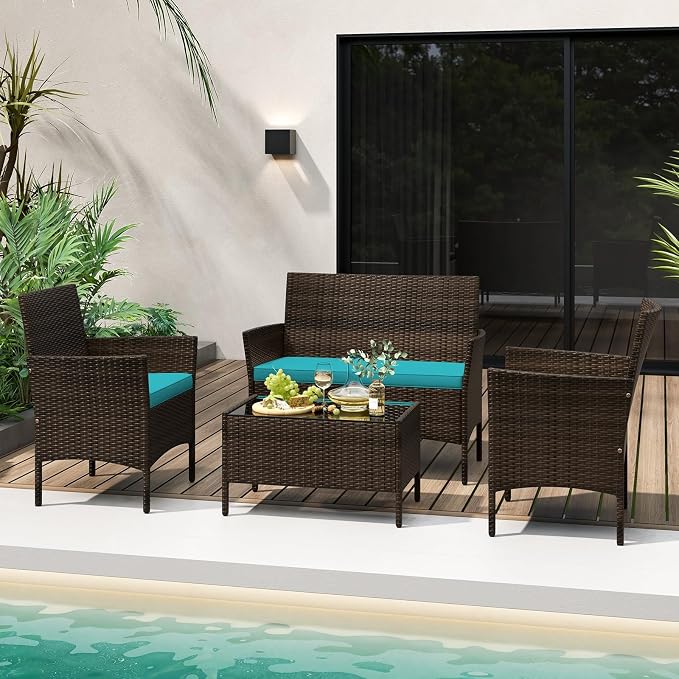 Tangkula 4 Piece Patio Rattan Conversation Set, Outdoor Wicker Furniture Set with Chair, Loveseat & Tempered Glass Table, Cozy Seat Cushions, Outside Sectional Sofa Set for Backyard (1,Turquoise)