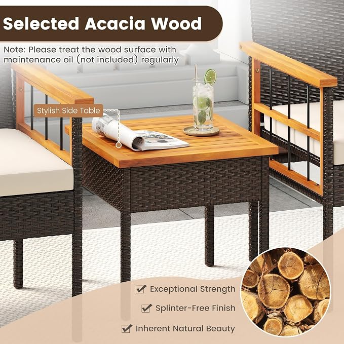 Tangkula 3 Piece Outdoor Wicker Conversation Furniture Set, Patio Rattan Cushioned Chair & Side Table Set with Acacia Wood Tabletop & Armrests, for Backyard, Porch, Balcony